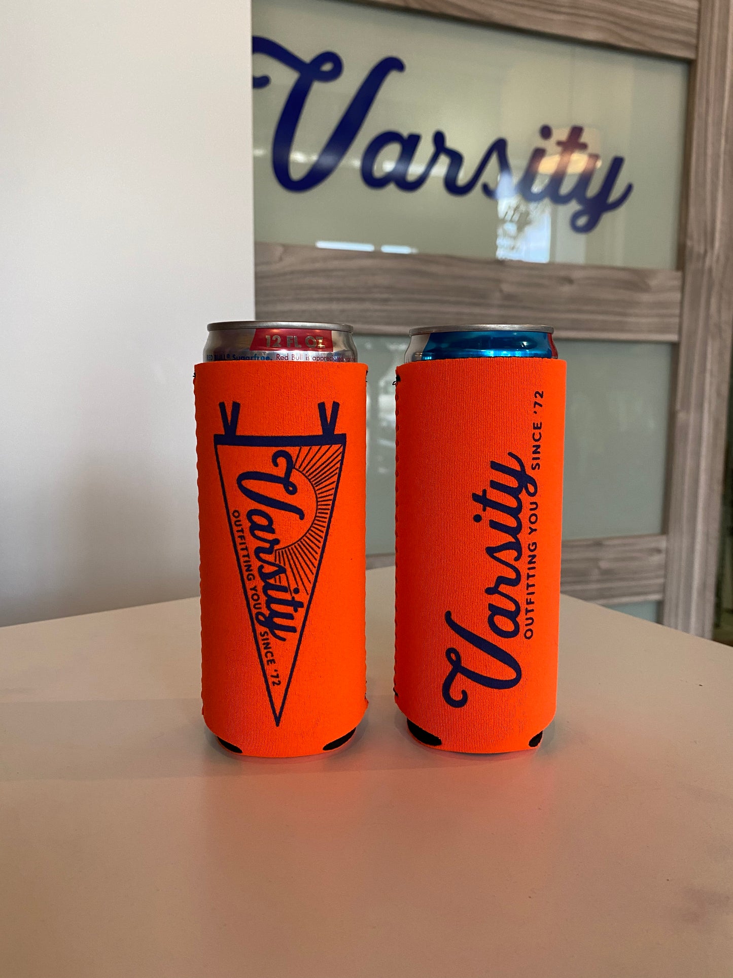 Varsity Penant Logo Slim Can Koozies